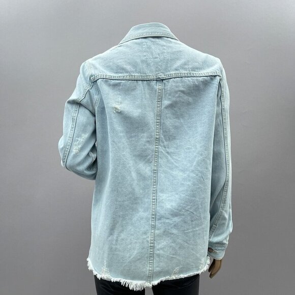 Thread & Supply Light Wash Denim Trucker Jacket Distressed Frayed Hem Womens S - Picture 4 of 11